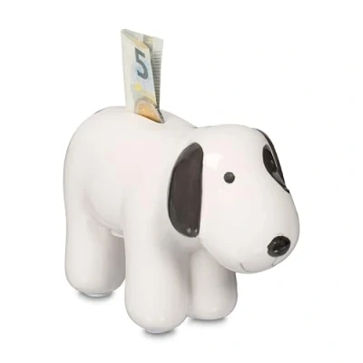 Image of Relaxdays Dog Money Box, Tip Jar for Coins &amp; Notes, Savings, Piggy Bank with Slot, HWD 12x21x9 cm, Ceramic, Black/White, Stone