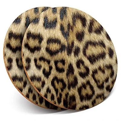 Image of 2 x Round Coasters Wild Animal Print Leopard Cat Fur Cork Backed Home Kitchen Accessory Tea Coffee Mug Mat #46431