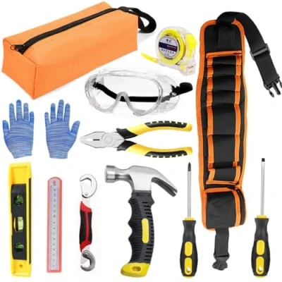Image of QeeHeng Kids Real Tool Starter Kit, Construction Toys Set with Bag, Belt, Hammer, Safety Goggles, Pliers, Wrench, DIY Tools for Boys &amp; Girls Beginner Learning Gift, 12 Piece