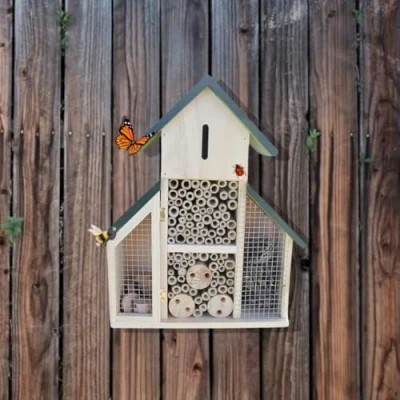 Image of Garden Mile Insect Hotel Natural Wood House Shelter Nesting Habitat For Bees Butterflies Ladybugs Bug Eco Friendly Outdoor (Large with Green Roof)