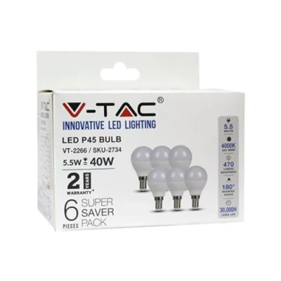 Image of V TAC 5.5W (40W) Energy Saving P45 LED Bulb with Standard E14 SES (Small Edison Screw) 4000 Kelvin Warm White Pack of 6, VT 2266
