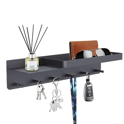 Image of Key Holder for Wall Decorative, 6 Metal Hooks, Mail Organizer and Rack with Tray Hallway Kitchen Office Farmhouse (Black)