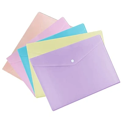 Image of Pack of 5 A5 Pastel Blue, Pink, Purple, Yellow, Orange Colour Plastic Wallets Folder Documents Files Holder with Press Stud Button Polypropylene Document Clear Wallet Envelope (Assorted)