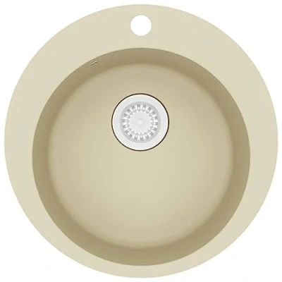 Image of vidaXL Granite Kitchen Sink Round, Single Basin, Overmount Design, Beige, Heat Resistant, with Basket Strainer, Easy to Clean and Assemble