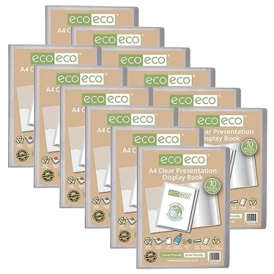 Image of eco A4 Size 50 Percent Recycled 10 Pocket Clear Presentation Display Book, Storage Case Portfolio Art Folder with Plastic Sleeves, Pack of 12, eco125x12