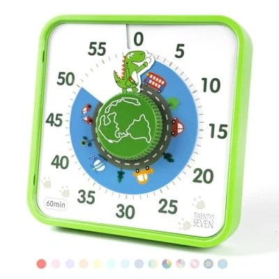 Image of TWENTY5 SEVEN Countdown Timer 7.5 inch; 60 Minute 1 Hour Visual Classroom Teaching Tool Office Meeting, Mechanical Clock for Kids Exam Time Management Magnetic, Green Dinosaur