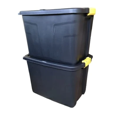Image of 2 x 60L Heavy Duty Storage Tubs Sturdy, Lockable, Stackable and Nestable Design Chests with Clips in Black