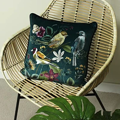 Image of Evans Lichfield Midnight Garden Bird Velvet Piped Feather Rich Filled Cushion