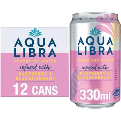 Image of AQUA Libra Sparkling Sugar Free Fruit Water, No Calories, Raspberry and Blackcurrant, 330 ml, Pack of 12