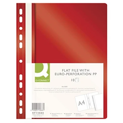 Image of Q CONNECT KF15666 Plastic File Folder A4 Red/Pack of 10 / Folders/Perforated Staplers with Labelling Strips/with Transparent Cover/with Perforated Holes/Euro Holes