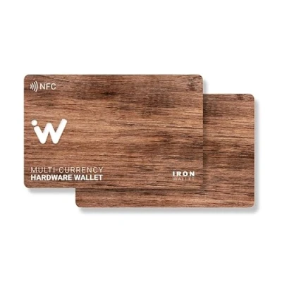 Image of IronWallet NFC Card Pack of 2 Wood Style Cold Crypto wallet Iron designed for Bitcoin, Ethereum &amp; more Offline hardware secure smart Coin Storage Save your seed phrase