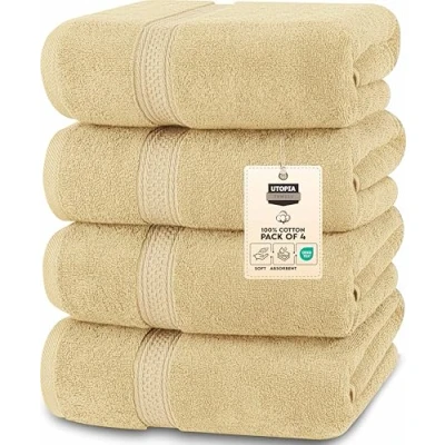 Image of Utopia Towels 4 Pack Premium Bath Set, (27 x 54 Inches) 100% Ring Spun Cotton 600GSM, Lightweight and Highly Absorbent Quick Drying Towels, Perfect for Daily Use (Beige)