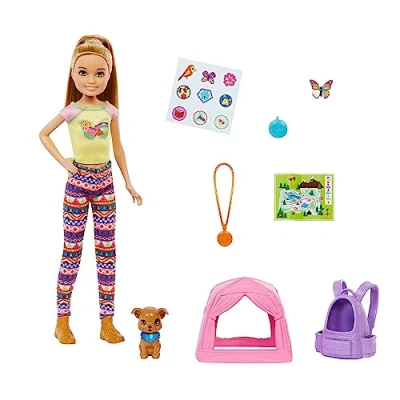 Image of Barbie It Takes Two Camping Playset Stacie Doll and Pet Puppy Tent, Carrier, Sticker Sheet &amp; Accessories, Gift for 3 to 7 Year Olds