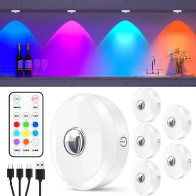 Image of WILLED Rechargeable RGB Puck Lights with Remote Control, 1200mAh Under Cupboard Kitchen Lights, Dimmable Cabinet Timing Function, Wireless Touch 6 Pack