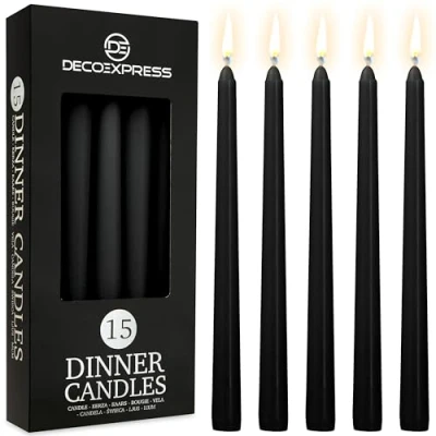 Image of DECO EXPRESS Candles Set Classic Dripless Tapered Metallic Unscented 8H Burning Time, Decorative Dinner for Restaurant Home Christmas (Black, 15 Pack)