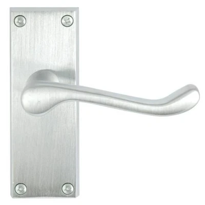 Image of Victorian Scroll Door Handle Lever On Backplate Short Latch Set Satin Chrome