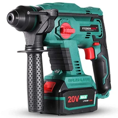 Image of Brushless Cordless Rotary Hammer,POSENPRO 20V SDS Plus Hammer Drill,4 Modes Selector,Variable Speed,Adjustable Handle,4.0Ah Li ion Battery and Fast Charger Included Green