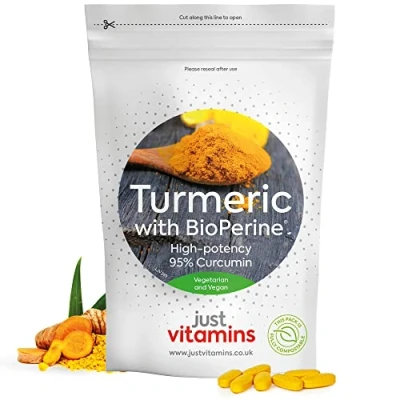Image of High Strength Turmeric Curcumin 95% + Black Pepper Bioperine® 10,000mg Tablets x60, 2 Month Supply, Advanced Supplement with Patented Extract for Max Absorption UK Made