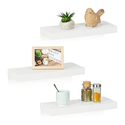 Image of Relaxdays Floating Shelf, Set of 3, Decorative Wall Rack, MDF, Modern Design, Suspended Board, HWD: 3.5x38x15 cm, White, Fibreboard