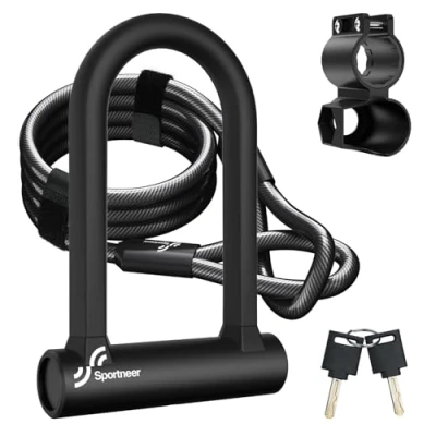 Image of Sportneer Bike Lock: 17mm Heavy Duty D Lock with 5Ft/1.2M High Security Steel Cable&amp;Sturdy Mounting Bracket&amp;Key Anti Theft Bicycle Locks for Road Bike, Electric Mountain Folding