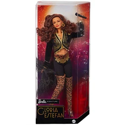 Image of Barbie Signature Gloria Estefan Doll in Gold and Black Fashion Accessories, with Microphone, Gift for Collectors, HCB85