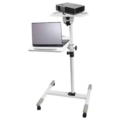 Image of Properav Mobile Desk Workstation &amp; Projector Trolley White Moveable On Caster Wheels Adjustable Height 850 1100mm 10kg Capacity For Laptop, Projector, Consoles More
