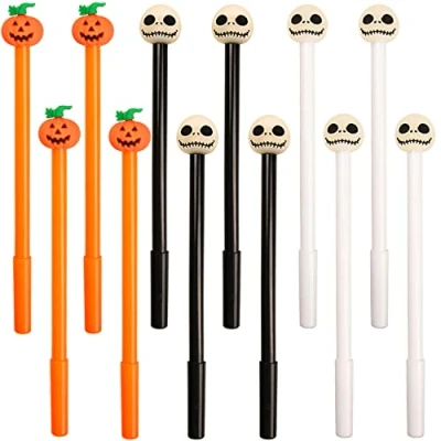 Image of AOVNA 12 Pieces Halloween Pens Pumpkin Skeleton Black Gel Ink Novelty Ballpoint for Party Bag Fillers (12)