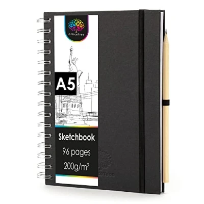 Image of OfficeTree Sketch Book A5 Spiral Bound Portrait 96 Pages 48 Sheets Sketchbook 200gsm White Blank Paper Watercolour Art Includes Pencil