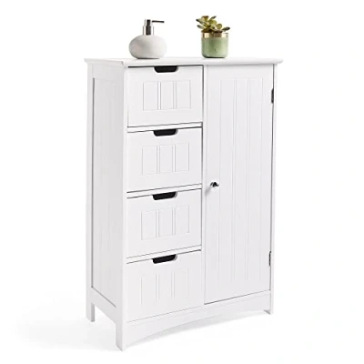 Image of VonHaus Bathroom Floor Cabinet White Storage Unit w/ 4 Drawers, Cupboard &amp; Adjustable Shelf Shaker Style for Organisation Freestanding Kitchen, Living Room, Hallway