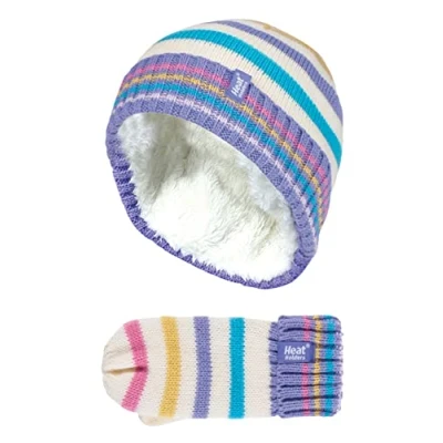 Image of HEAT HOLDERS Kids Girls Fleece Lined Knitted Striped Colourful Winter Thermal Hat and Mittens Set (3 6 Years, CS2P11)