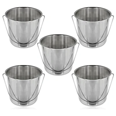 Image of SPARES2GO 12 Litre Stainless Steel Handled Pail Bucket for Catering (Silver, Pack of 5)