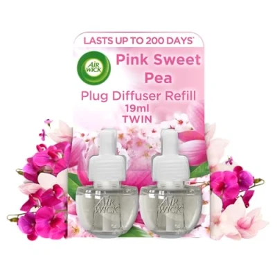 Image of Air Wick Plug in Diffuser Twin Refill, Pink Sweet Pea, Pack 2 x 19ml, Long Lasting Fragrance, Lasts up to 200 days, freshener