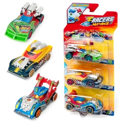 Image of T RACERS Mix &#039;N RACE 3 Pack of collectible cars. Each car can be split in two with interchangeable parts and wheels. 4