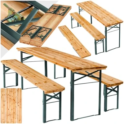 Image of tectake® 3 Piece Garden Table &amp; Bench Set for 8 People, Folding Benches in Fir Wood with Water Repellent Varnish Sturdy Steel Frame, Outdoor Dining, Picnic, BBQ, Camping