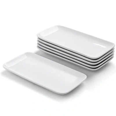 Image of WishDeco Rectangle Plates Set of 6, Small Serving Platters 23cm/9 inch, White Ceramic Dinner Plates, Dishes for Starter, Dessert, Salad, Sushi, Cake