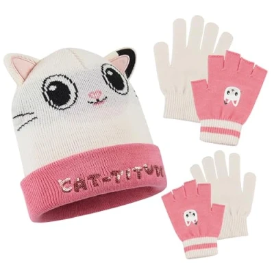 Image of Gabby&#039;s Dollhouse Girls Winter Accessories Set Beanie Hat and Gloves Gifts (Pink/White)