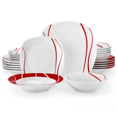 Image of MALACASA, Series Felisa, 24 Piece Dinner Set Red Stripes Ivory White and Porcelain Plate Sets with 6 Plates Dessert Soup Cereal Bowls