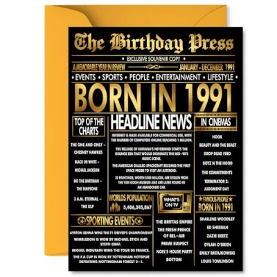 Image of Gold 34th Birthday Card for Men Women Black &amp; Golden Newspaper Born in 1991 Happy 34 Cards Brother Wife Son Nephew Daughter Colleague, 5x7 Inch Bday Greeting