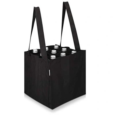 Image of Navaris 9 Compartment Bottle Bag Carrier for Wine, Drinks Bottles Reusable Grocery Shopping and Storage Black, 27 x 27cm