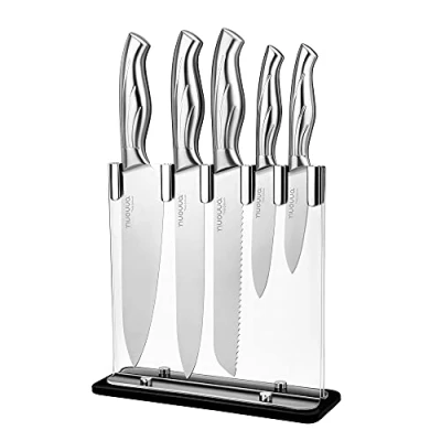 Image of nuovva Kitchen Knife Set Sharp Stainless Steel Knives 5 Pieces Durable Blades with Clear Acrylic Block