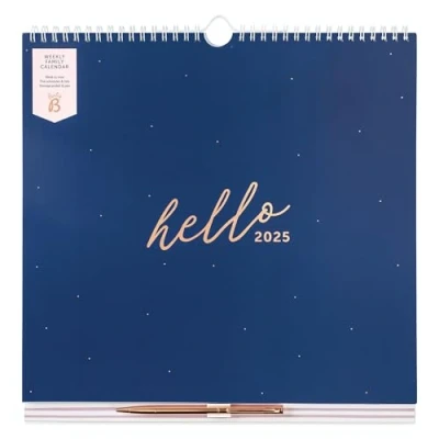 Image of Busy B 2025 Wall Calendar Weekly Family for 5 Members with Rose Gold Pen Navy &amp; A4 Meal Plans, Shopping Lists, Stickers Storage Pocket Week to View Home Organisation