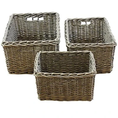Image of JVL Chunky Home Rectangular Storage Baskets with Loop Handles, Wood, Natural, Set of 3