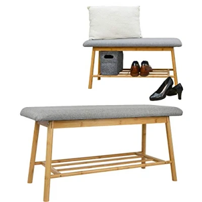 Image of DuneDesign Scandinavian Shoe Bench 90x34x44 Bamboo Rack Entryway Organiser with Grey Seat