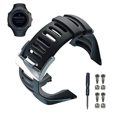 Image of JTMM Suunto Ambit Watch Band Strap, Soft Black Rubber Replacement Strap Accessory For 1/2/2S/2R/3 Sport/3 Run/3 PEAK, Silver Clasp, Free Tool and Screws Included