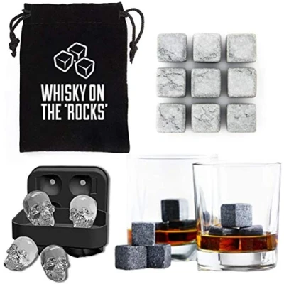 Image of Whiskey Stones GENERISE Whisky Gift Set of 9 Natural Granite Rocks in Velvet Pouch Plus Skull Ice Cube Tray (Light Grey Stones)