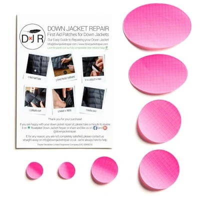 Image of Down Jacket Repair Patches: Easy to Use, Pre Cut, Self Adhesive, Soft, Waterproof, Tear Resistant Rip Stop Nylon Fabric Patches Fix Holes in Clothing, Jackets, Outdoor Gear Pink