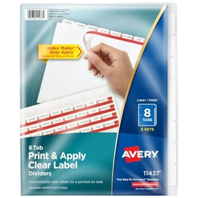 Image of Avery 8 Tab Dividers for 3 Ring Binder, Easy Print &amp; Apply Clear Label Strip, Index Maker Customizable White Tabs, 5 Sets (11437)
