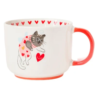 Image of Valentine Cat Ceramic Mug 400ml Cartoon Prints &amp; Red Handles Assorted Designs