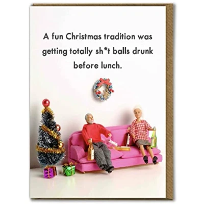 Image of Bold &amp; Bright Hilariously Funny Christmas Cards &#039;Christmas Tradition&#039; Rude Cheeky Xmas For Him Her Men Women Partner Friend Sold by Brainbox Candy