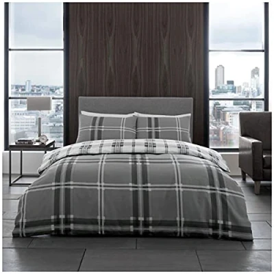 Image of GC GAVENO CAVAILIA Tartan Duvet Cover, Reversible Bedding Single Bed Sets, Grey Quilt Warm Covers
